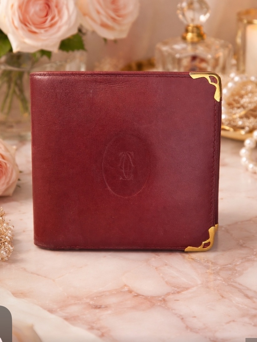 Cartier Burgundy Leather Bifold Wallet With Gold Corner Accents